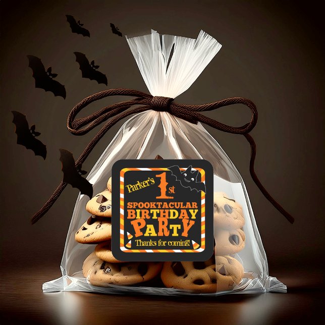 Sticker Carré Halloween 1er Spooktacular Anniversaire (Cute Halloween 1st Spooktacular Birthday Party Square Favor Sticker)