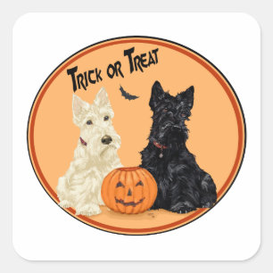 Sticker Carré Halloween à Wheaten et à Black Scottish Terriers