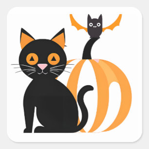 Sticker Carré Halloween adorable Chat noir Citrouille et chauve-
