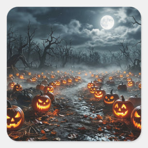 Sticker Carré Halloween avec des arbres effrayants et des citrou