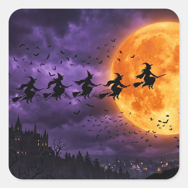 Sticker Carré Halloween avec Lune et Sorcière (Devant)