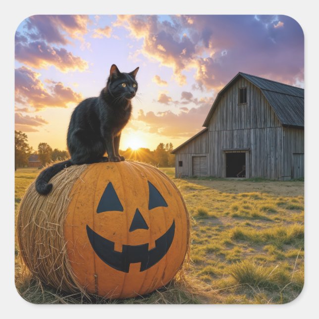 Sticker Carré Halloween Black Cat On Pumpkin Hay Bale (Devant)