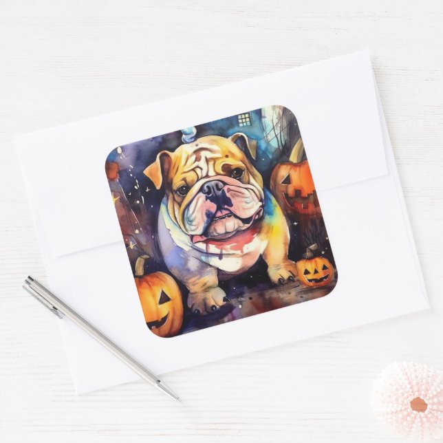 Sticker Carré Halloween Bulldog avec la peur Citrouille (Enveloppe)