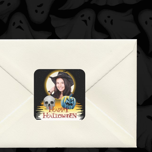 Sticker Carré Halloween Cadre photo Crâne et Jack o' Lantern (Halloween Photo Frame Skull and Jack o' Lantern Square Sticker)