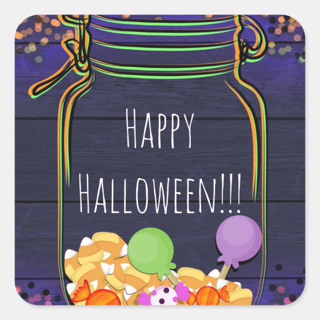 Sticker Carré Halloween Candy Mason Jar Party Favoris (Devant)