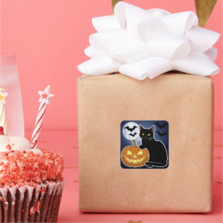 Sticker Carré halloween chat noir avec citrouille