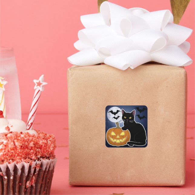 Sticker Carré halloween chat noir avec citrouille (Fête)