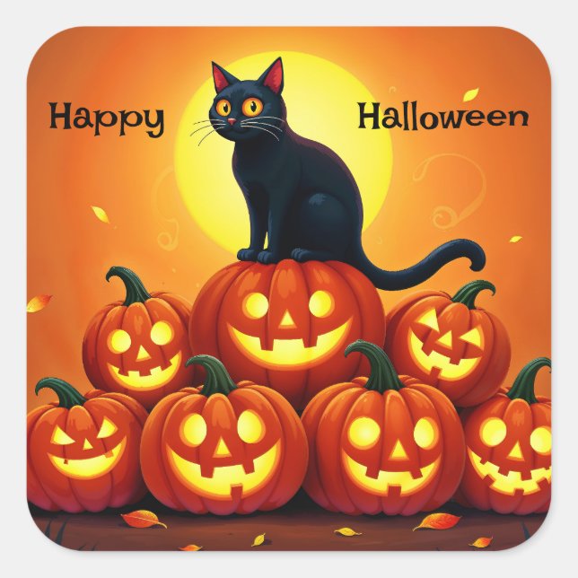 Sticker Carré Halloween chat noir mignon et lanternes Jack (Devant)
