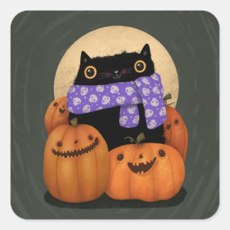 Sticker Carré Halloween Chat Noir Saison Automne Heureux Hallowe