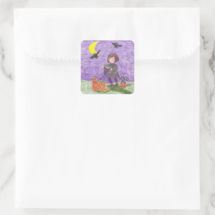 Sticker Carré Halloween cheveux courts sorcier violet autocollan