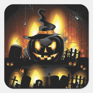 Sticker Carré Halloween - citrouilles effrayants w/Hat
