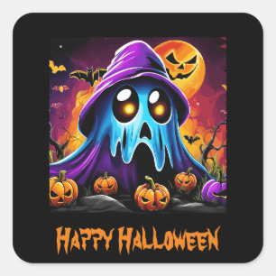 Sticker Carré Halloween coloré Citrouille fantôme Happy Hallowee