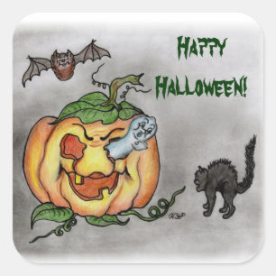 Sticker Carré Halloween contents ! 3 esprit chat chauve-souris