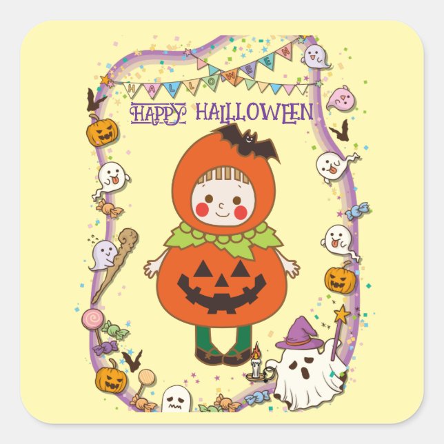 Sticker Carré Halloween Custom Whimsical mignonne fille Citrouil (Devant)