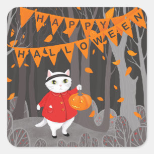 Sticker Carré Halloween Cute Cat & Jack-o'-lantern