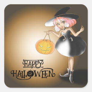 Sticker Carré Halloween Cute Éffrayant Whimsical WitchBrown