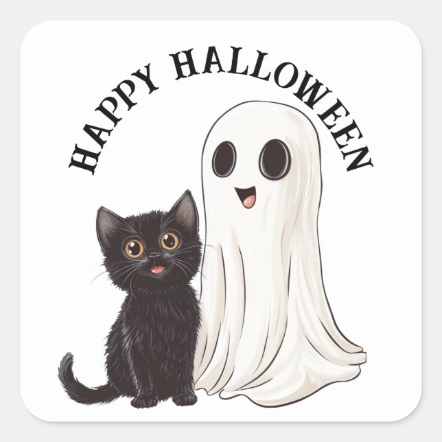 Sticker Carré Halloween Cute Ghost et Chat noir (Devant)