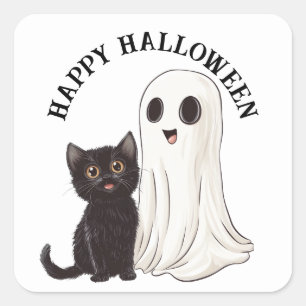 Sticker Carré Halloween Cute Ghost et Chat noir
