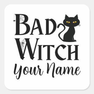 Sticker Carré Halloween de chat noir de mauvaise sorcière