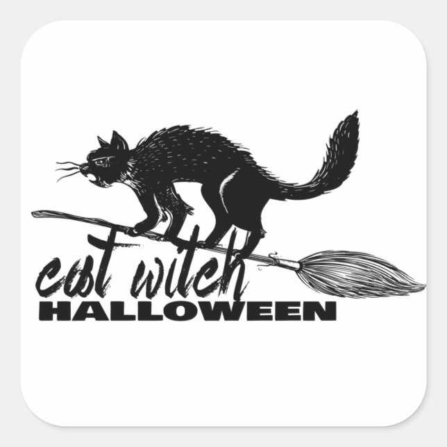 Sticker Carré Halloween Drôle Chat Sorcière Sur Broomstick (Devant)
