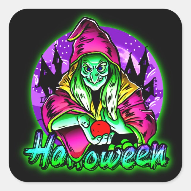 Sticker Carré Halloween Éffrayant Green sorcière magique Casquet (Devant)