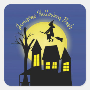 Sticker Carré Halloween Éffrayant sorcière Broomstick Lune