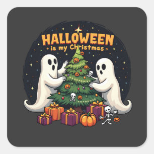 Sticker Carré Halloween est mon Noël drôle Fantôme Noël Père Noë