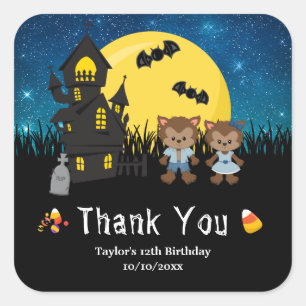 Sticker Carré Halloween fête d'anniversaire Werewolf Blue
