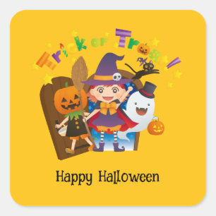 Sticker Carré Halloween Fille en sorcière mignonne Whimsical Per