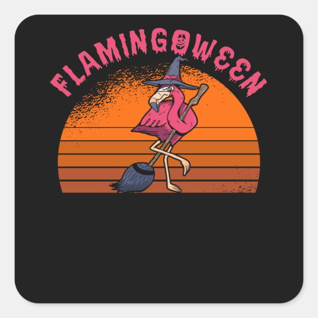 Sticker Carré Halloween Flamant rose Flamingoween Sorcière Broom (Devant)