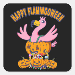 Sticker Carré Halloween Flamant rose Happy Flamingoween Enfants