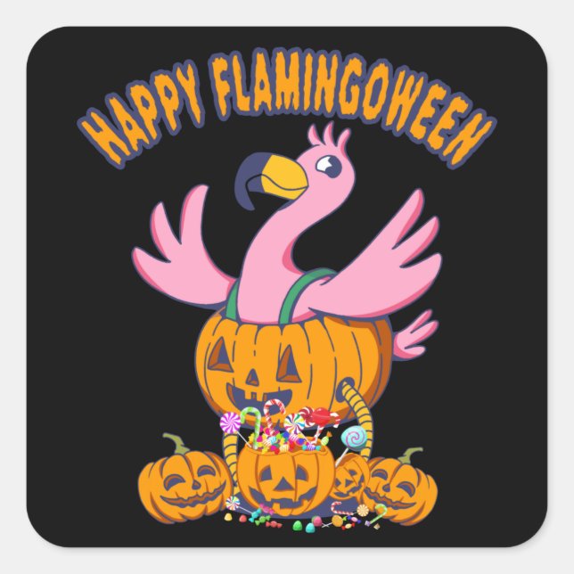 Sticker Carré Halloween Flamant rose Happy Flamingoween Enfants (Devant)