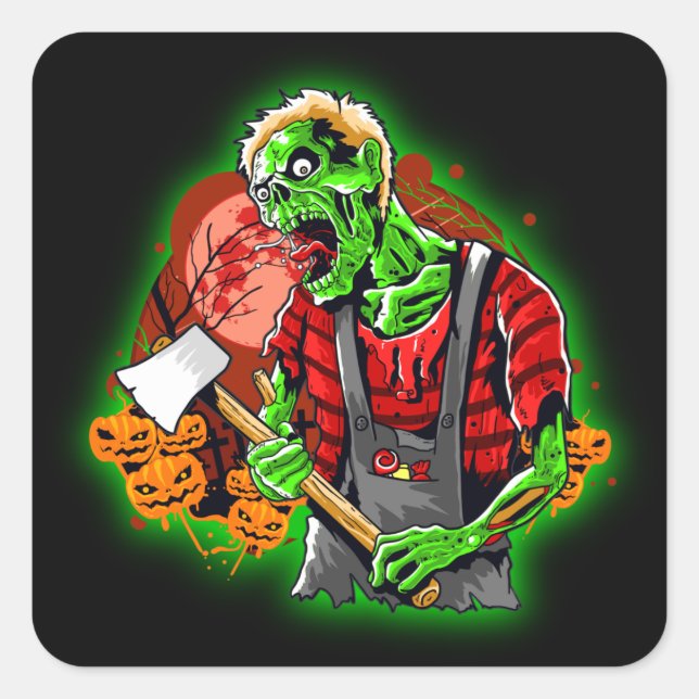 Sticker Carré Halloween Funny Green Zombie Ax sur (Devant)