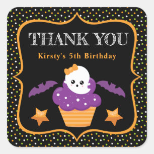 Sticker Carré Halloween Ghost Cupcake & Pois Anniversaire