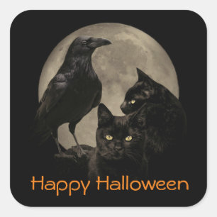 Sticker Carré Halloween gothique super Cool corbeau et chats