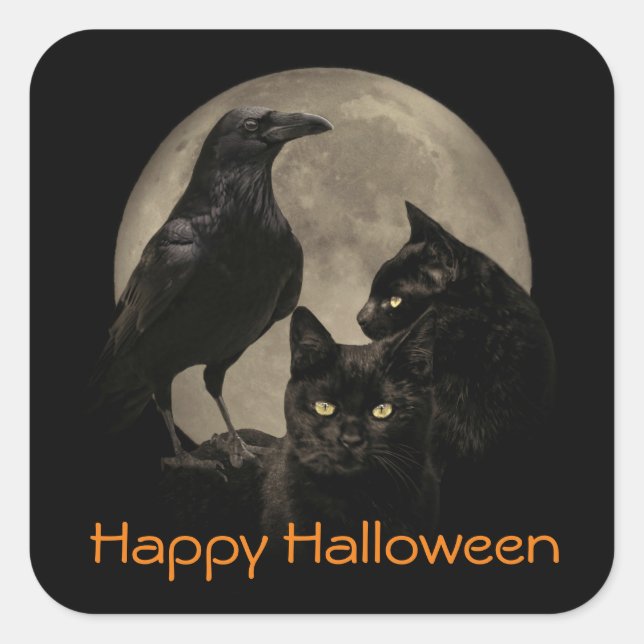 Sticker Carré Halloween gothique super Cool corbeau et chats (Devant)