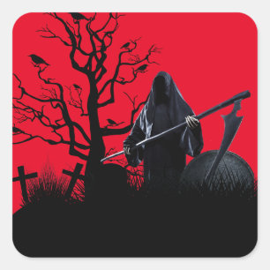 Sticker Carré Halloween Grim Reaper Nuit Rouge