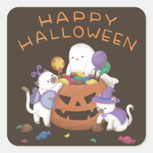 Sticker Carré Halloween heureux : Chats et fantômes