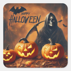 Sticker Carré Halloween heureux - Grande Faucheuse Citrouille sc