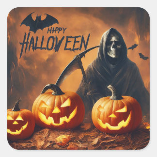 Sticker Carré Halloween heureux - Grande Faucheuse Citrouille sc