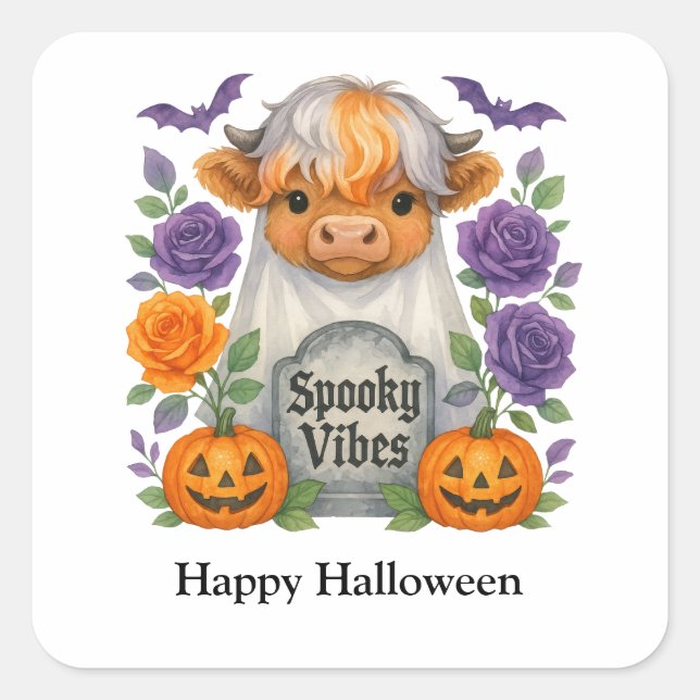 Sticker Carré Halloween Highland Cow Ghosts mignon Personnalisé (Devant)