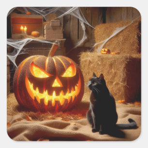 Sticker Carré Halloween Jack-o-lanterne et chat en grange