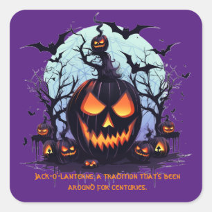 Sticker Carré Halloween Jack O'Lantern Et Bats
