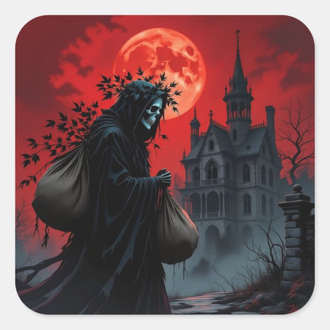 Sticker Carré Halloween Lune Rouge (Devant)