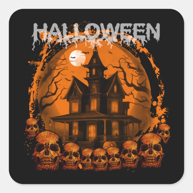 STICKER CARRÉ HALLOWEEN MAISON HANTÉE ÉPRAVANTABLE CRÂNES (Devant)
