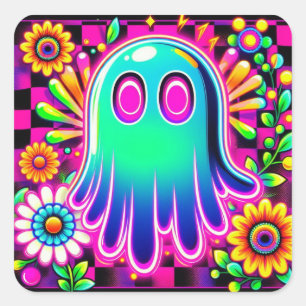 Sticker Carré Halloween néon floral rétro fantôme