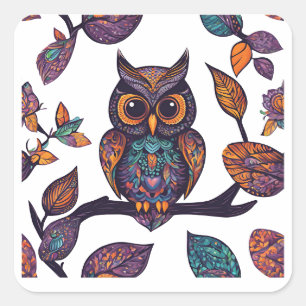 Sticker Carré Halloween Owl Alebrije et Feuilles