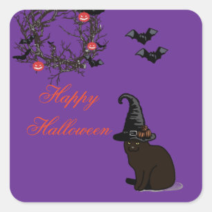 Sticker Carré Halloween Personnalisé Whimsical Funny Chat Purple