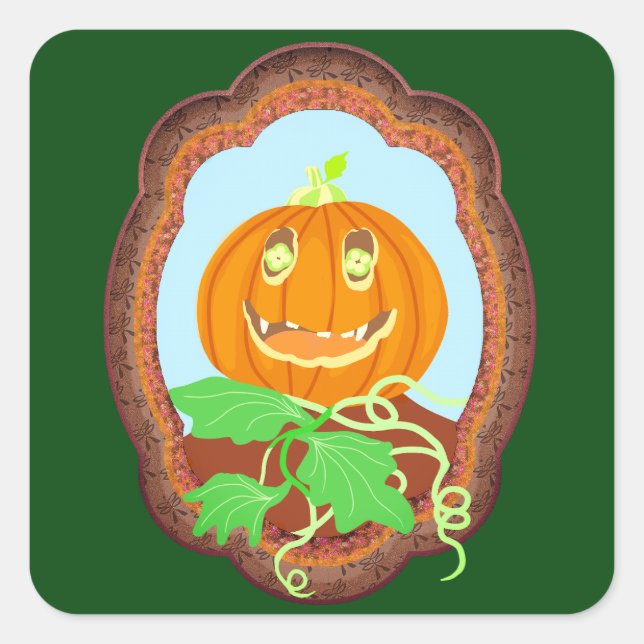 Sticker Carré Halloween pumpkin smiling whimsical and spooky (Devant)