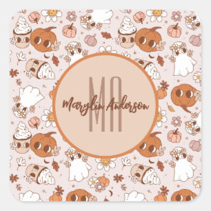 STICKER CARRÉ HALLOWEEN RETRO CITROUILLES SUPER ET GHOSTS